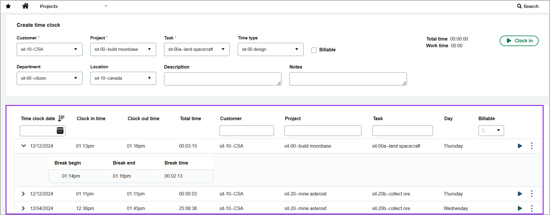 Create time card screen with a list of submitted time entries