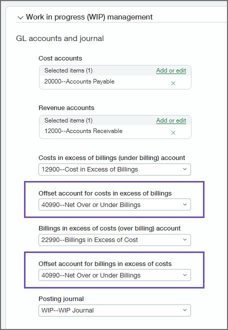 Configure Projects page with new offset account fields circled
