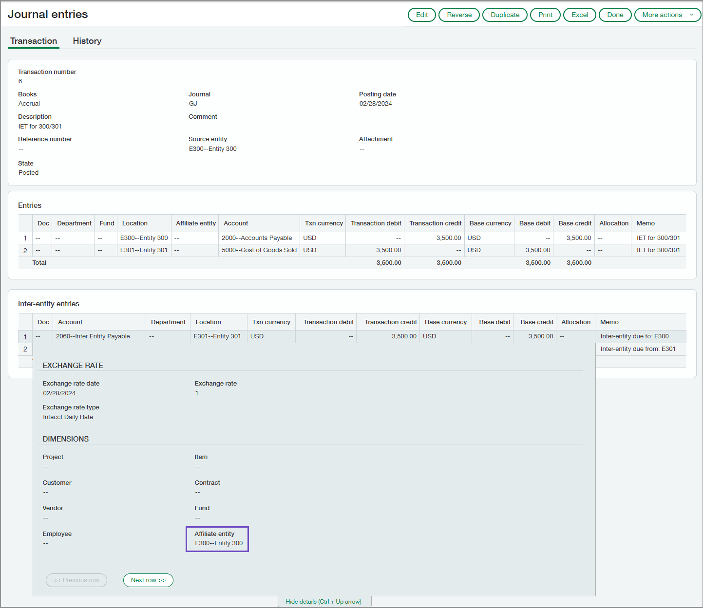 An example of an auto-tagged GL journal entry showing the affiliate entity value for the inter-entity entry.