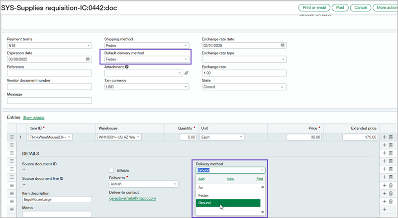 Default delivery method field on a Supplies requisition