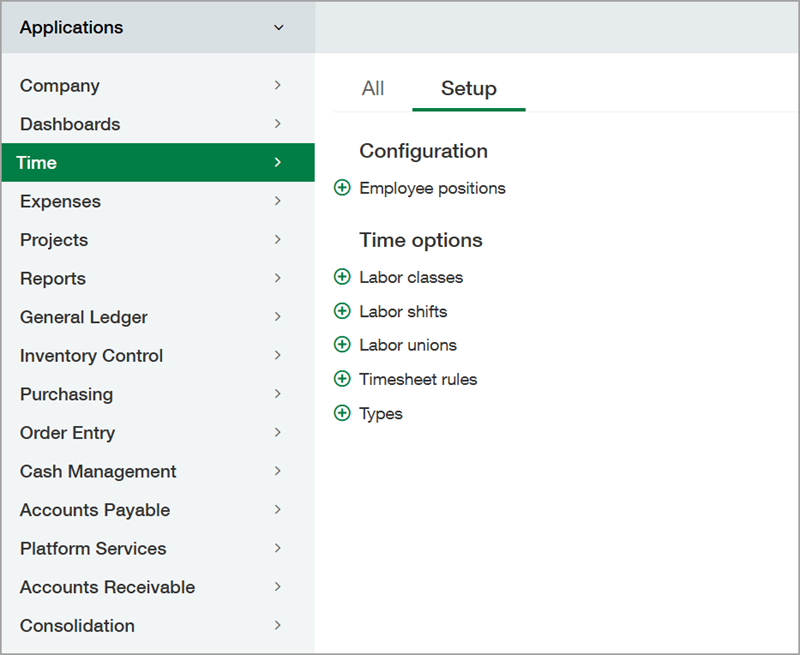 Time application menu on the Setup tab.