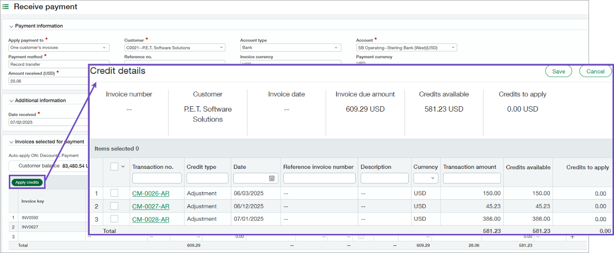 The Apply credits button on Receive payment opens the Credit details page, which shows the available credits for this customer