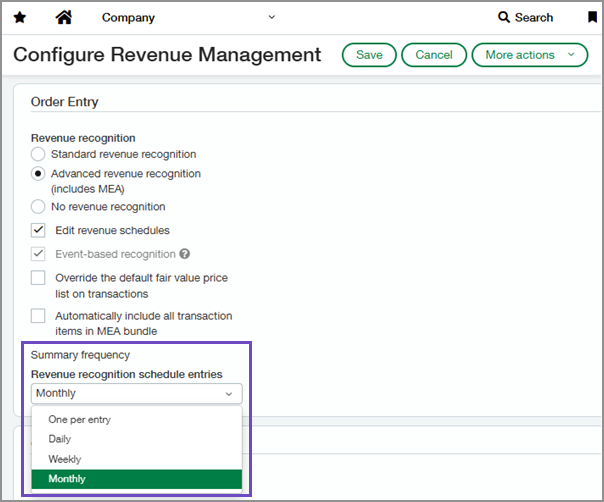 Revenue Management configuration page showing the Summary frequency setting.