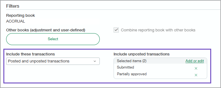 Filters section of the General Ledger report page showing the Include these transactions field and the list of unposted transactions to include.