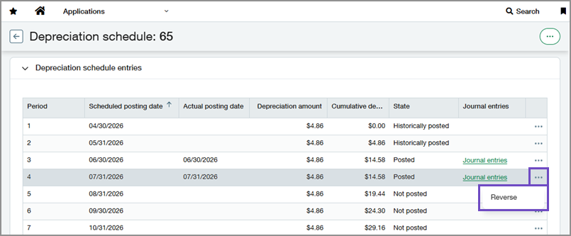 Depreciation schedule showing the Reverse action